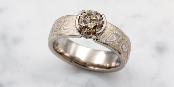 Champagne Diamond in Mokume Engagement Ring