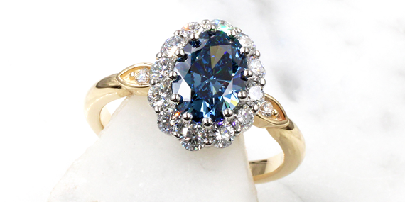 Lab Blue Diamond in Engagement Ring