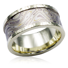 Mokume Wedding Band with Hammered Rails