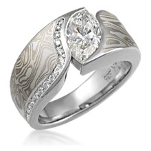 Mokume Wave Engagement Ring with Diamond Channel