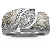 Mokume Wave Engagement Ring with Diamond Channel - top view