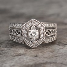 Hexagonal Halo Pave Millegrain Engagement Ring - top view