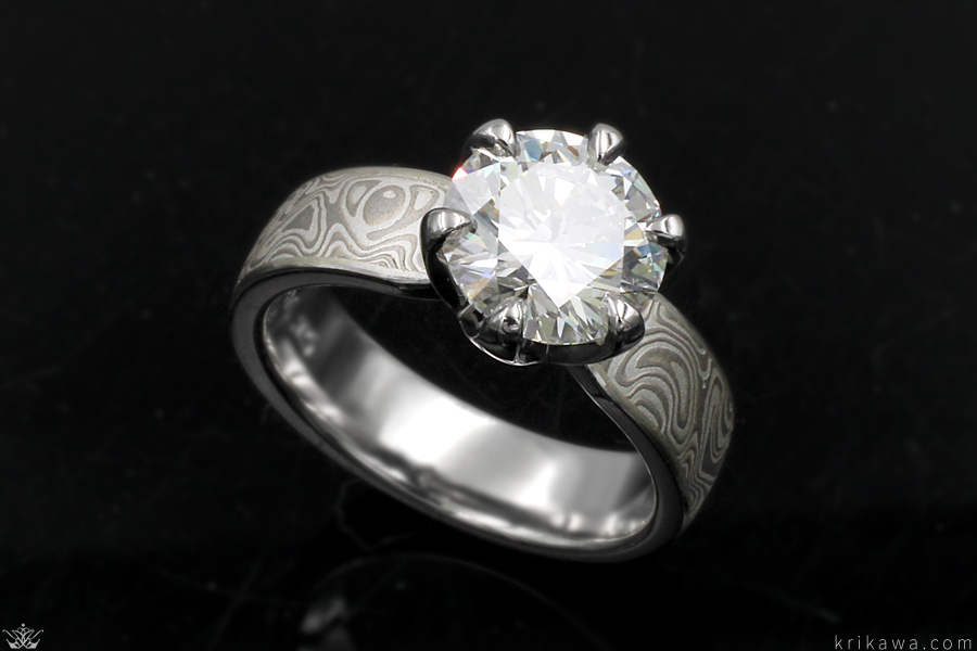 Mokume Solitaire Tapered Engagement Ring with Prongs