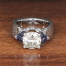 Moissanite and Sapphire Mokume Ribbon Engagement Ring - top view
