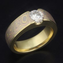 Trigold Mokume Flush Stone Solitaire Engagement Ring
