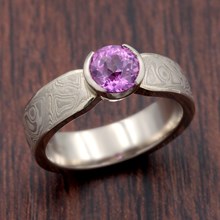 Mokume Solitaire Tapered Engagement Ring with Pink Sapphire