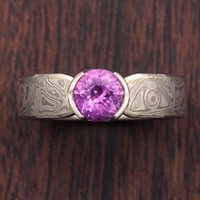 Mokume Solitaire Tapered Engagement Ring with Pink Sapphire - top view