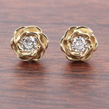 Medium Yellow Gold Rose Stud Earrings With Diamonds - top view