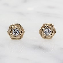 Small Yellow Gold Rose Stud Earrings With Diamonds - top view