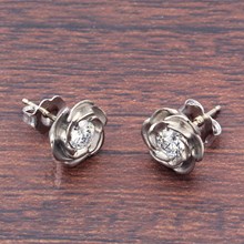 Large White Gold Rose Stud Earrings With Diamonds