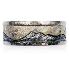 Mountain Wedding Band With Mokume Sky And Rails - top view