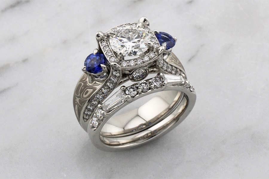 Three Stone Halo Juicy Light Engagement Ring