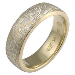 Summer Mokume Wedding Band with Light Etch and Yellow Gold Liner