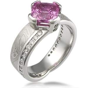 Mokume Angled Wave Engagement Ring with Diamonds