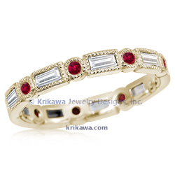 Baguette and Round Eternity Wedding Band in 14k yellow gold with diamonds and rubies
