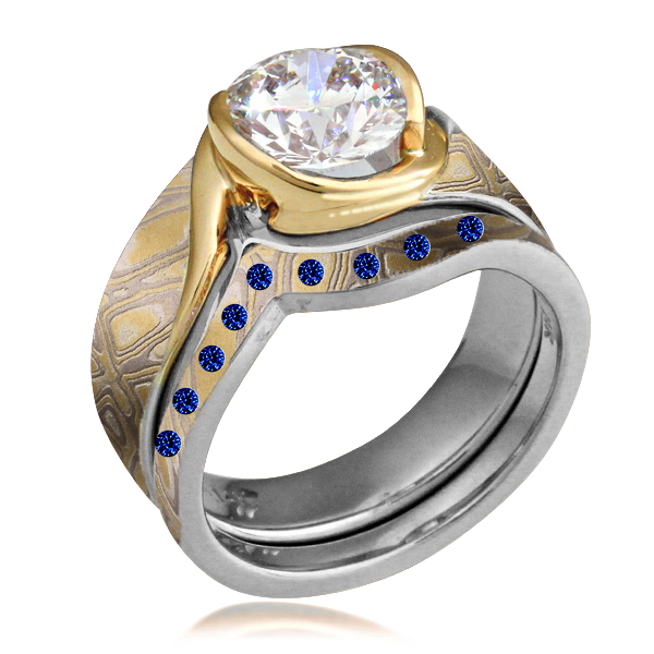 MMSS-MOCKUP-Modern Mokume Swirl Solitaire-set-7mm-diamond-bridal-set-summer-mokume-platinum-liner-18k-yellow-gold-bezel-pv