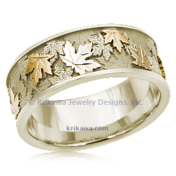 Tri Color Maple Leaf Wedding Band with 10k Green Liner and Rails, 18k yellow gold leaves, 14k yellow gold leaves