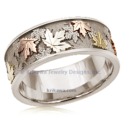 Tricolor Maple Wedding Band with 14k white gold liner, 14k rose gold and 14k yellow gold leaves