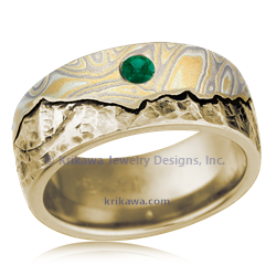 Mountain Wedding Band with Mokume Sky: 14k yellow gold with summer mokume and emerald accent