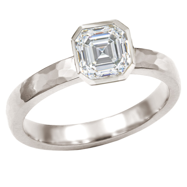 Full Bezel Asscher 1 ct Hammered Engagement Ring White Gold