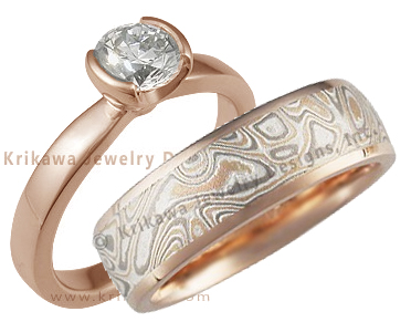 Rose Gold Solitaire and Mokume Band