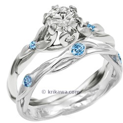 Twisted Leaf Engagement Ring with Aqua Blue Diamond Accents