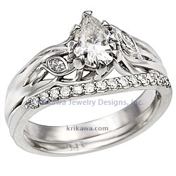 Diamond Leaf Tree Branch Engagement Ring with Diamond Wedding Band