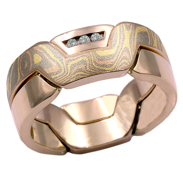 14k Rose Gold Trigold Lab Diamonds Mokume Puzzle Ring