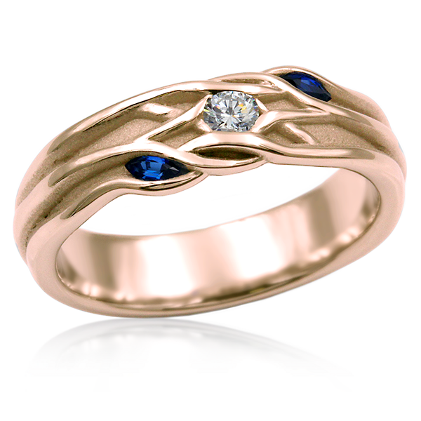 14k Rose Gold Embracing Branch Three Stone Accent Wedding Band