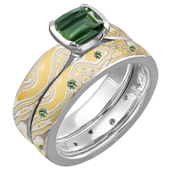 Mokume Solitaire Tapered Bridal Set Summer Mokume Platinum Cushion Green Sapphire Green diamond accents