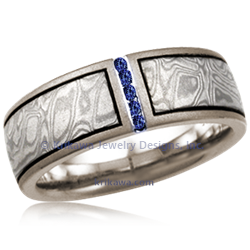 Mokume Diamond Wedding Band in 14k white gold with blue sapphires