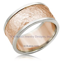 Wide Two Tone Wedding Band with Hammered Texture