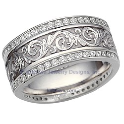 Western Floral Wedding Band with Diamond Channel Rails