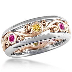 Carved Curls Wedding Band with Rails in 14k white gold and 14k rose gold and alternating sapphires.