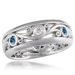 Carved Curls Wedding Band with Rails and Alternating Vivid Enhanced Blue Diamonds