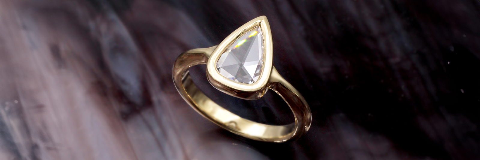 Unique Pear Rose Cut Diamond in Tapered Solitaire Engagement Ring