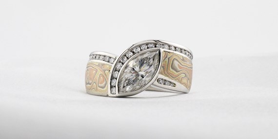 Mokume Engagement Ring with Lab Moissanite Marquise Center Stone