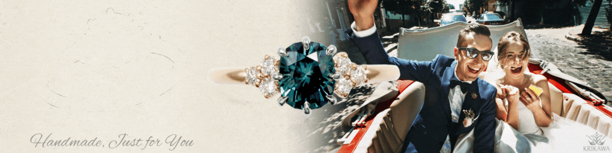 Petite dainty engagement rings banner image with newlyweds in a moving carriage