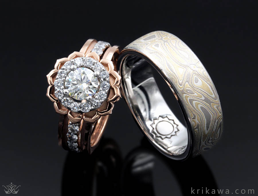 custom symbol heart chakra bridal set rings
