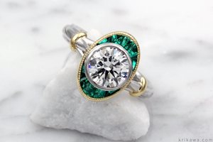 Custom Art Deco Engagement Ring with Emerald Accents