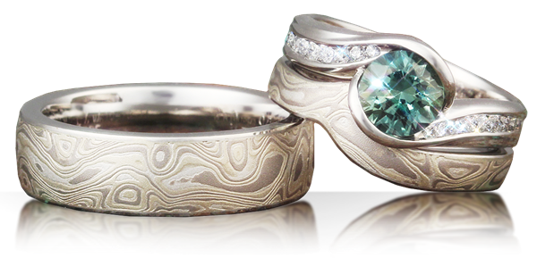 green sapphire diamond mokume wedding set