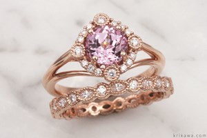 Vintage Scalloped Halo Engagement Ring with Chatham Pink Sapphire