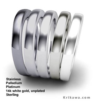 White metal colors compared: Stainless steel, platinum, palladium, white gold and sterling