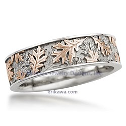 Two Tone Oak Leaf Wedding Band in 14k White Gold and 14k Rose Gold